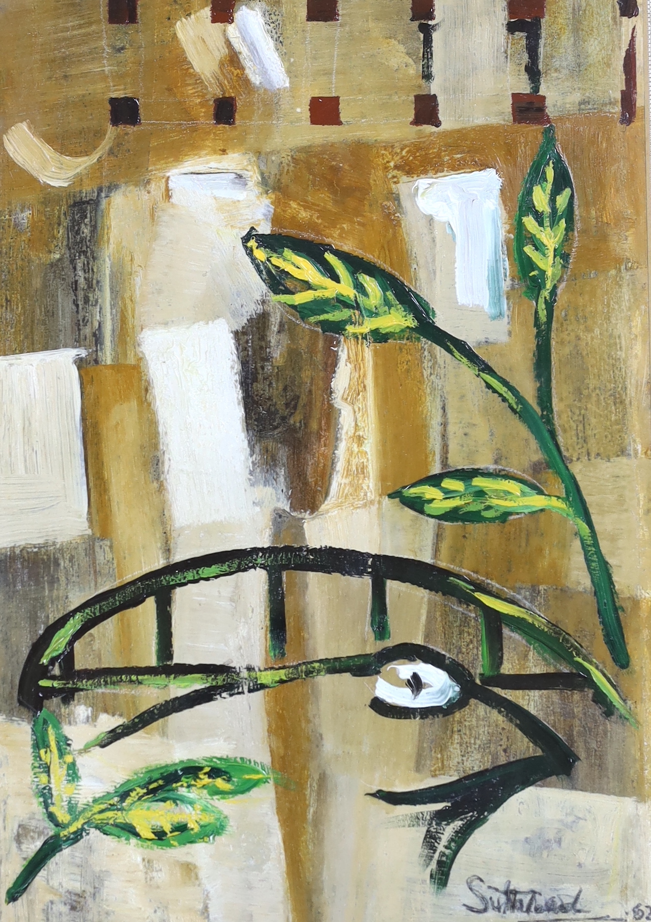 Sutherland (20th. C), abstract oil, Leaves, signed and indistinctly dated, possibly '62, 31 x 21cm